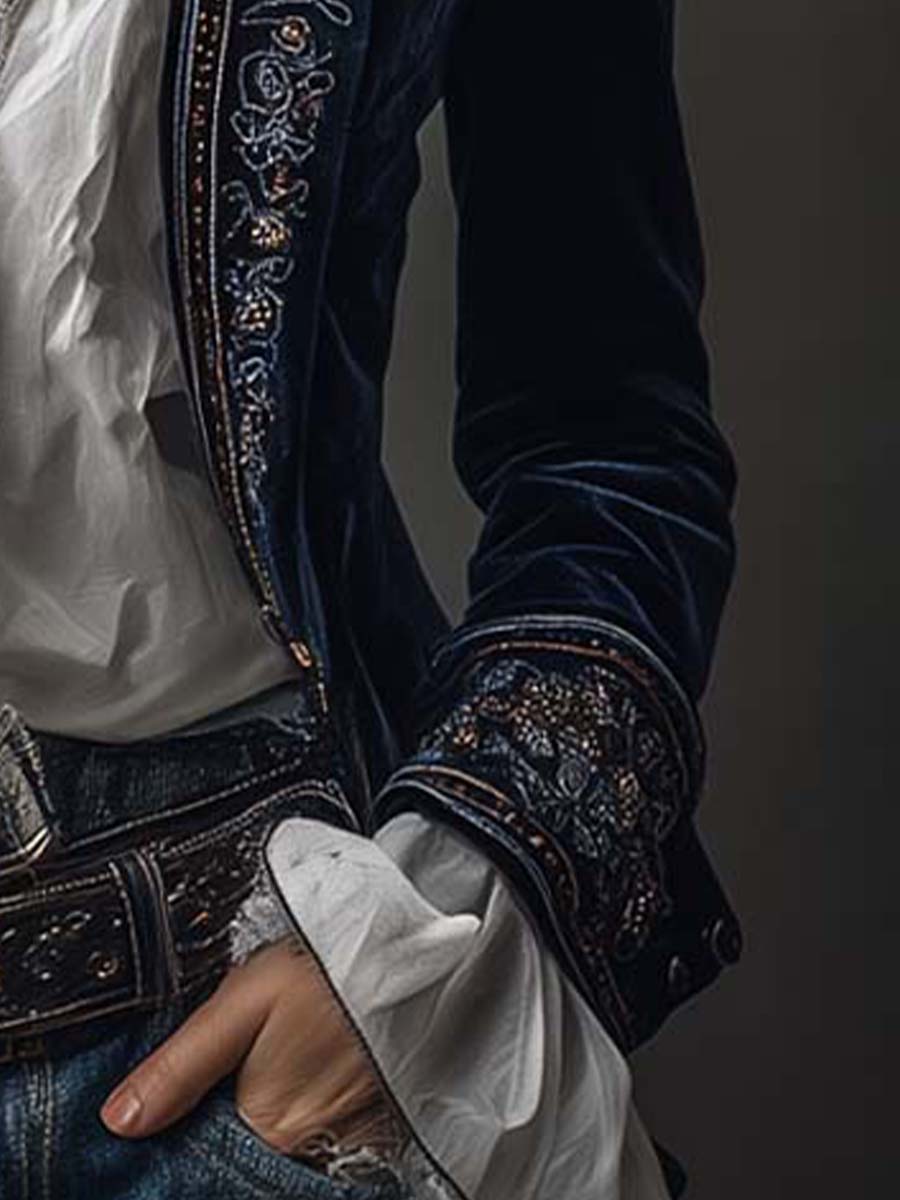 Athenais | Long Embroidered Vintage Coat Navy Blue