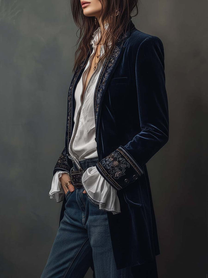 Athenais | Long Embroidered Vintage Coat Navy Blue