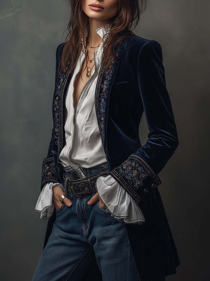 Athenais | Long Embroidered Vintage Coat Navy Blue