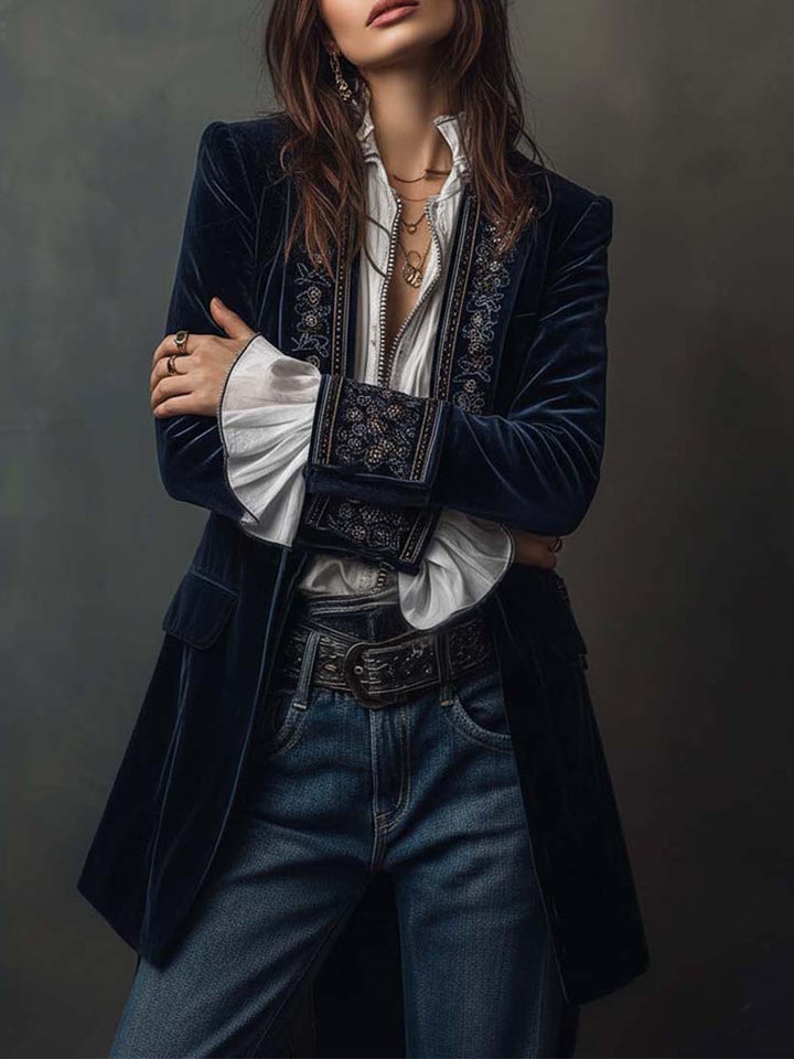 Athenais | Long Embroidered Vintage Coat Navy Blue