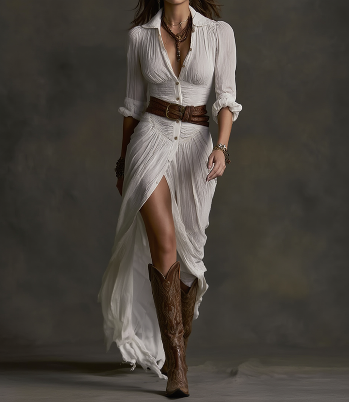 Aurore | Long Linen Dress with Inverted Neck
