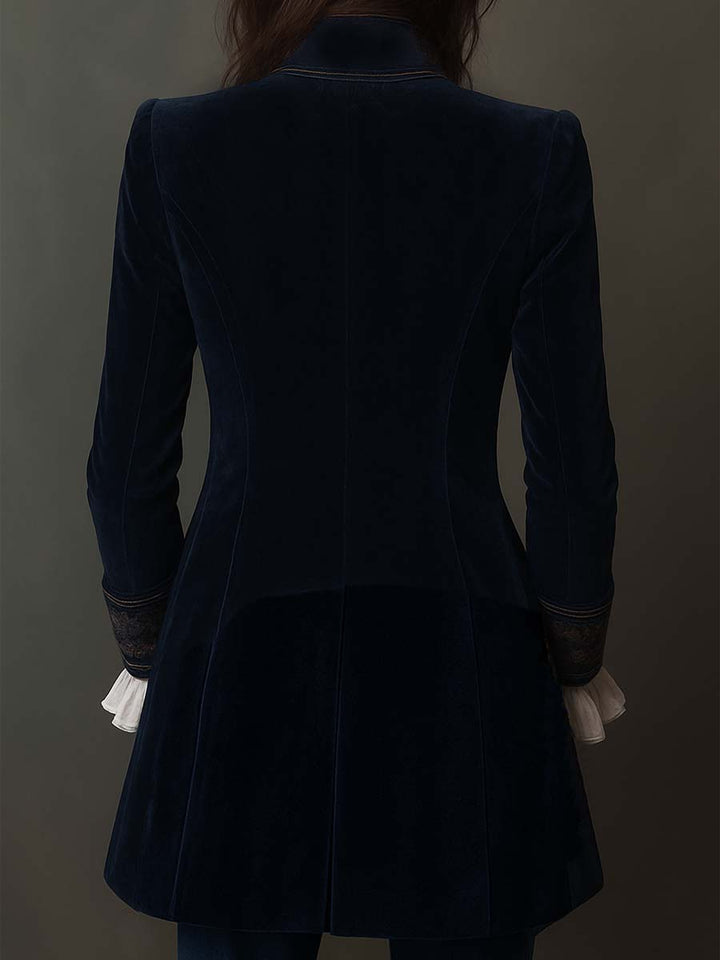 Athenais | Long Embroidered Vintage Coat Navy Blue