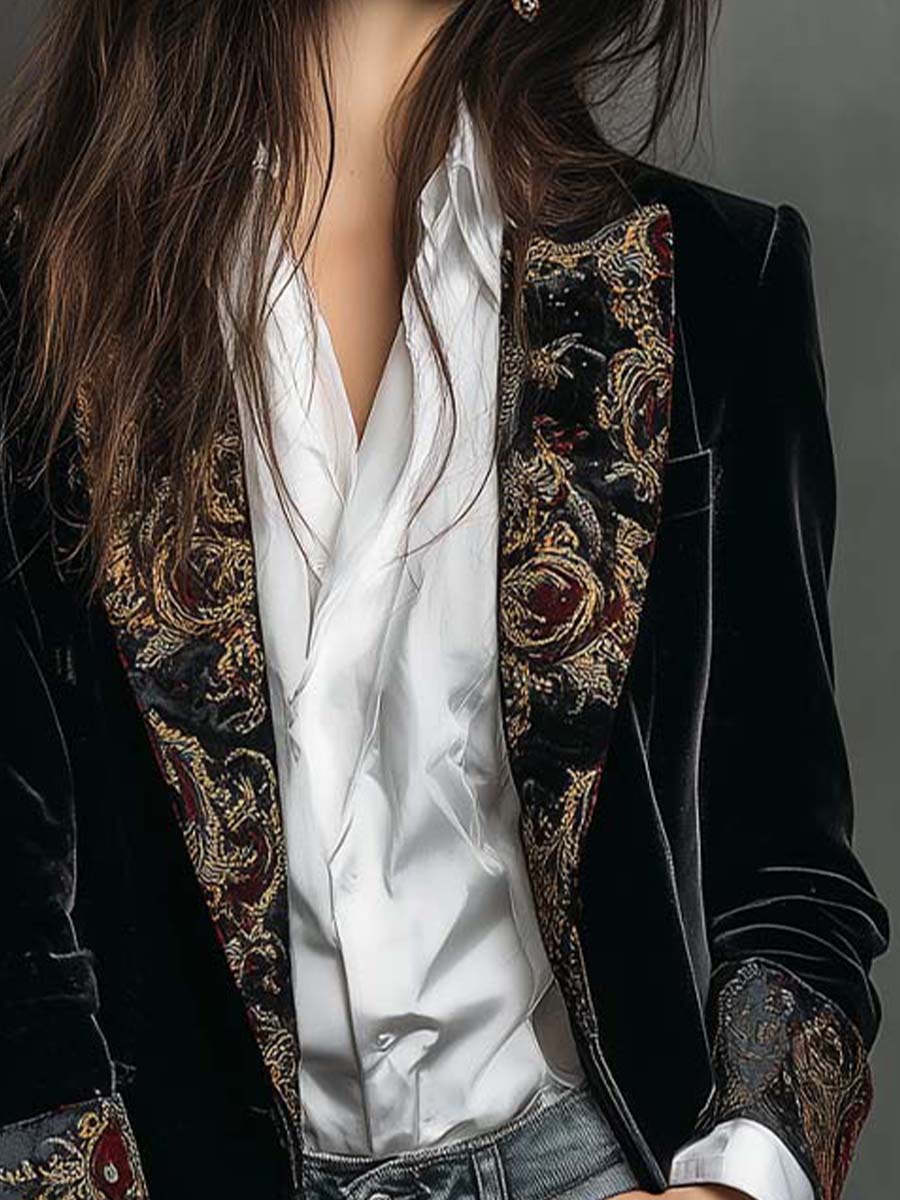 Léontine | Slim Fit Printed Baroque Black Blazer