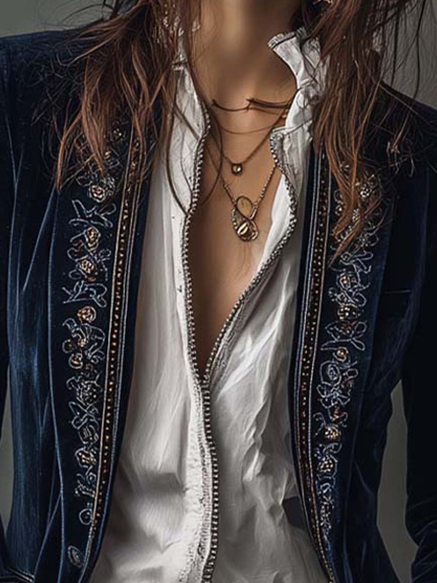 Athenais | Long Embroidered Vintage Coat Navy Blue