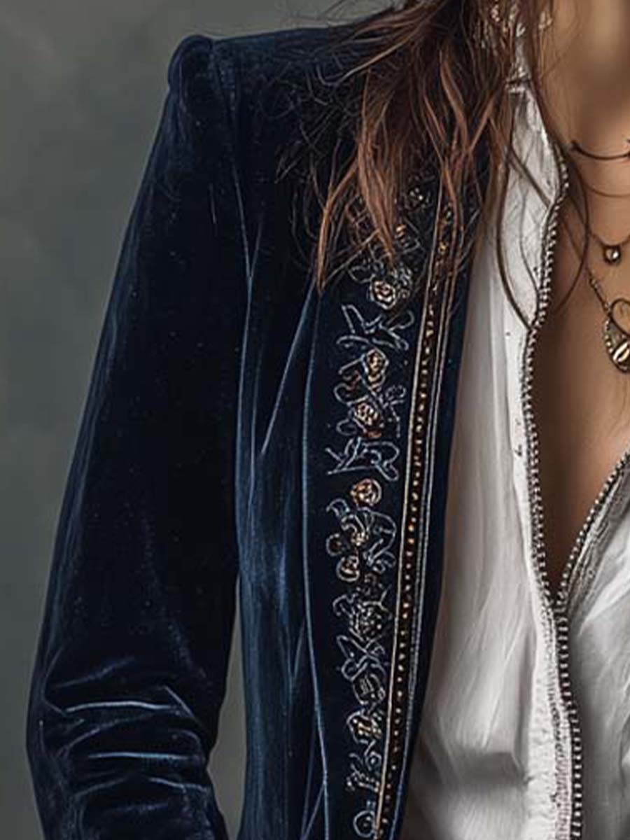 Athenais | Long Embroidered Vintage Coat Navy Blue