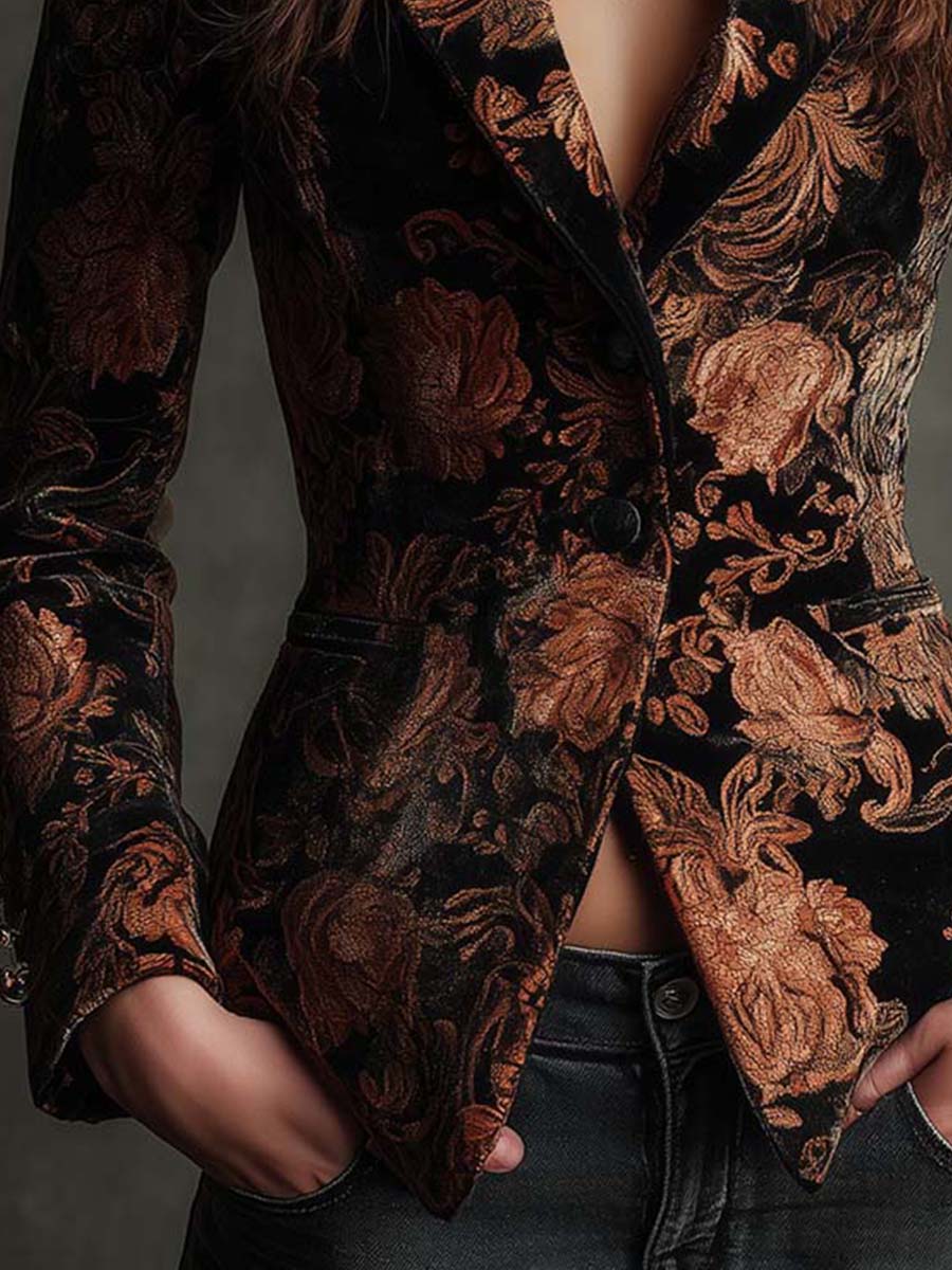 Bertille | Tailored Blazer with Floral Print in Black and Brown