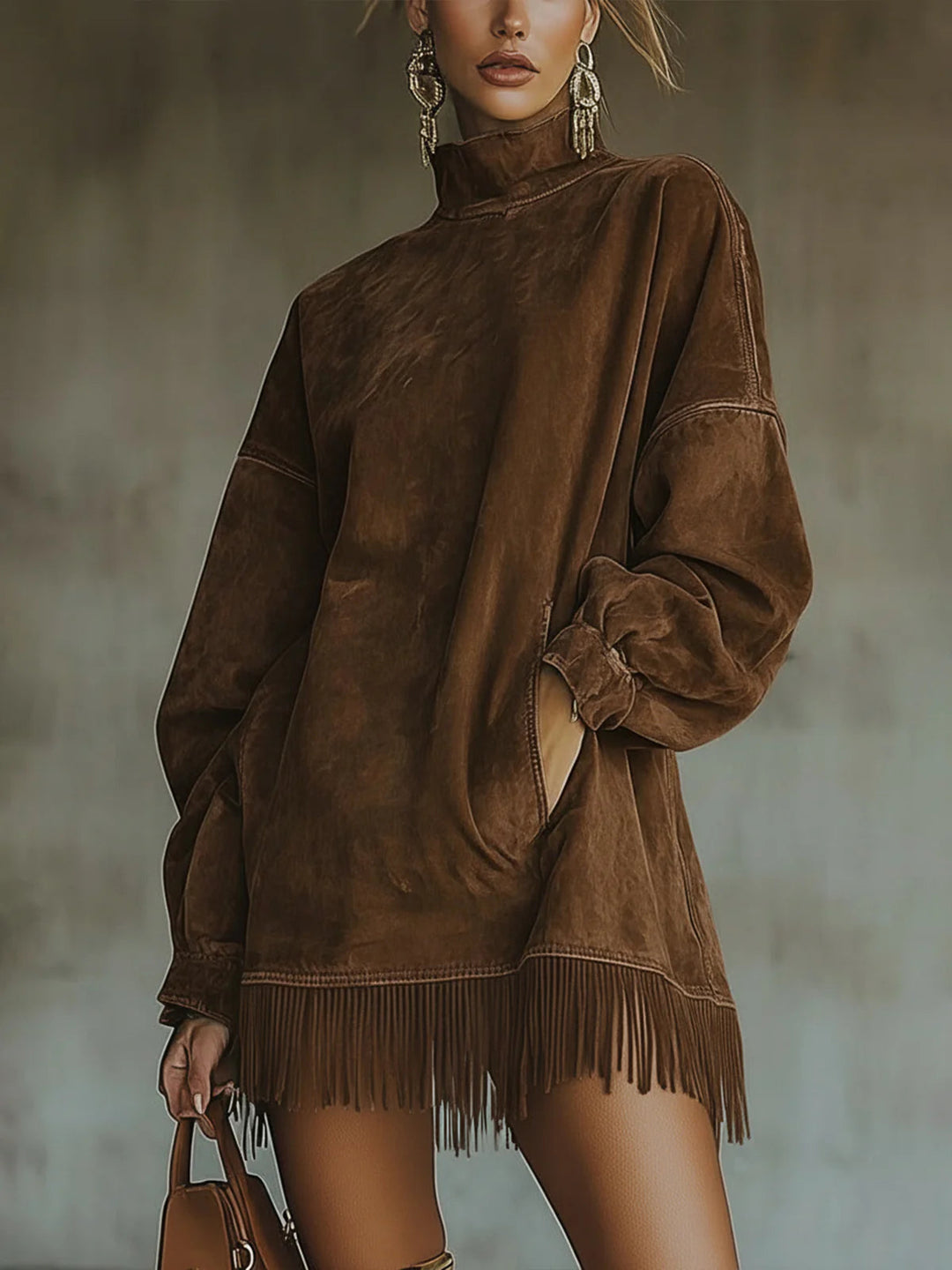 Gabrielle | Suede Dress with High Neck and Fringe