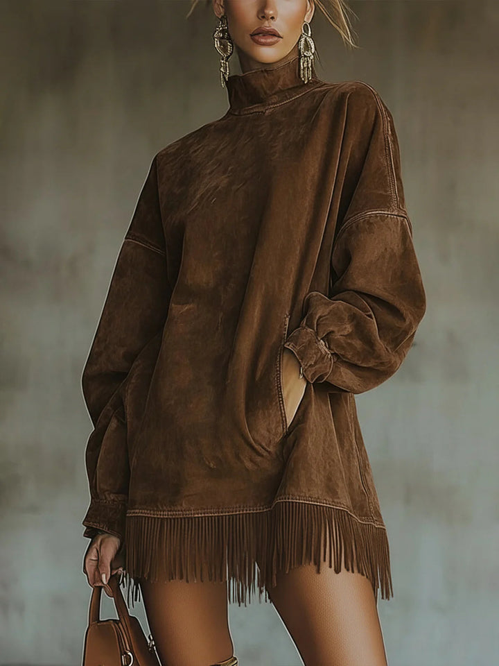 Gabrielle | Suede Dress with High Neck and Fringe