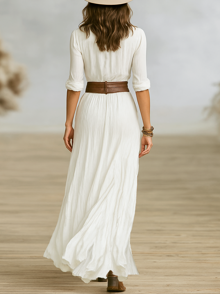 Aurore | Long Linen Dress with Inverted Neck