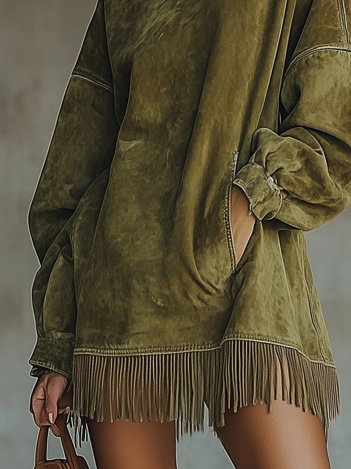 Gabrielle | Suede Dress with High Neck and Fringe