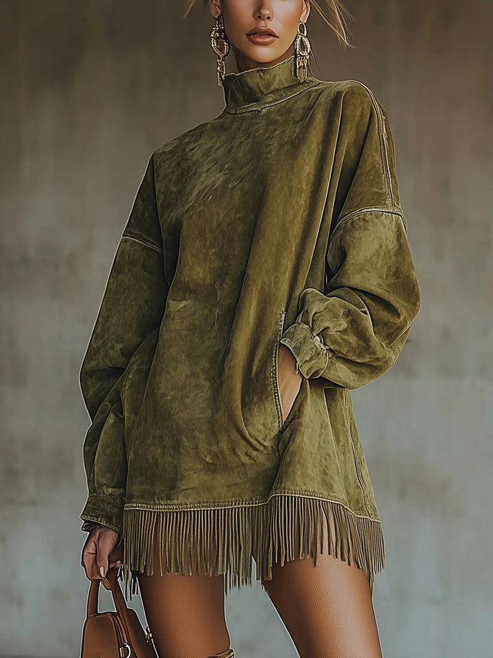 Gabrielle | Suede Dress with High Neck and Fringe