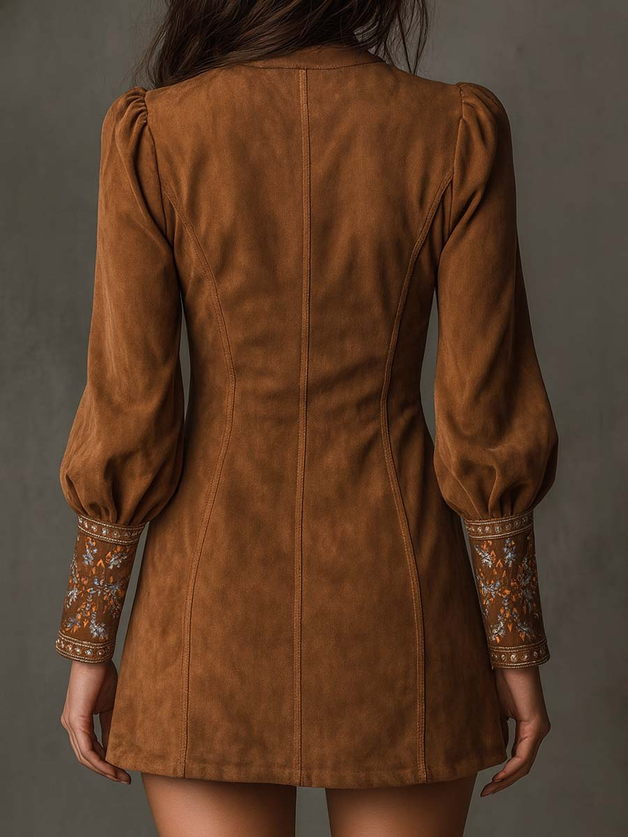 IZOLDA VINTAGE BROWN V-NECK SUEDE EMBROIDERED MINI DRESS