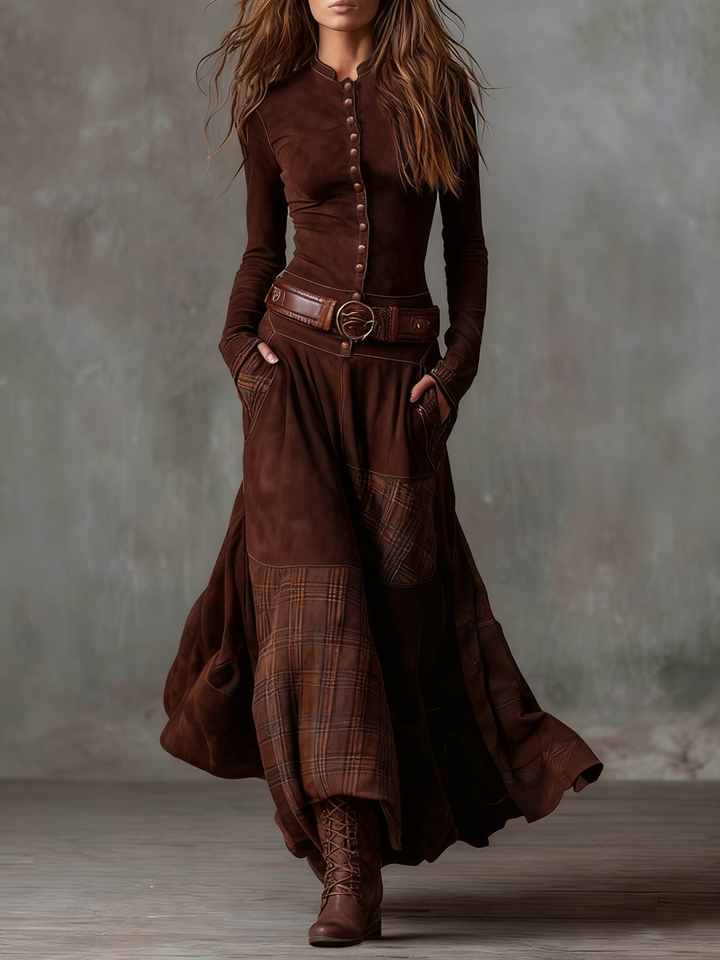 Elise | Suede Maxi Dress with Belt