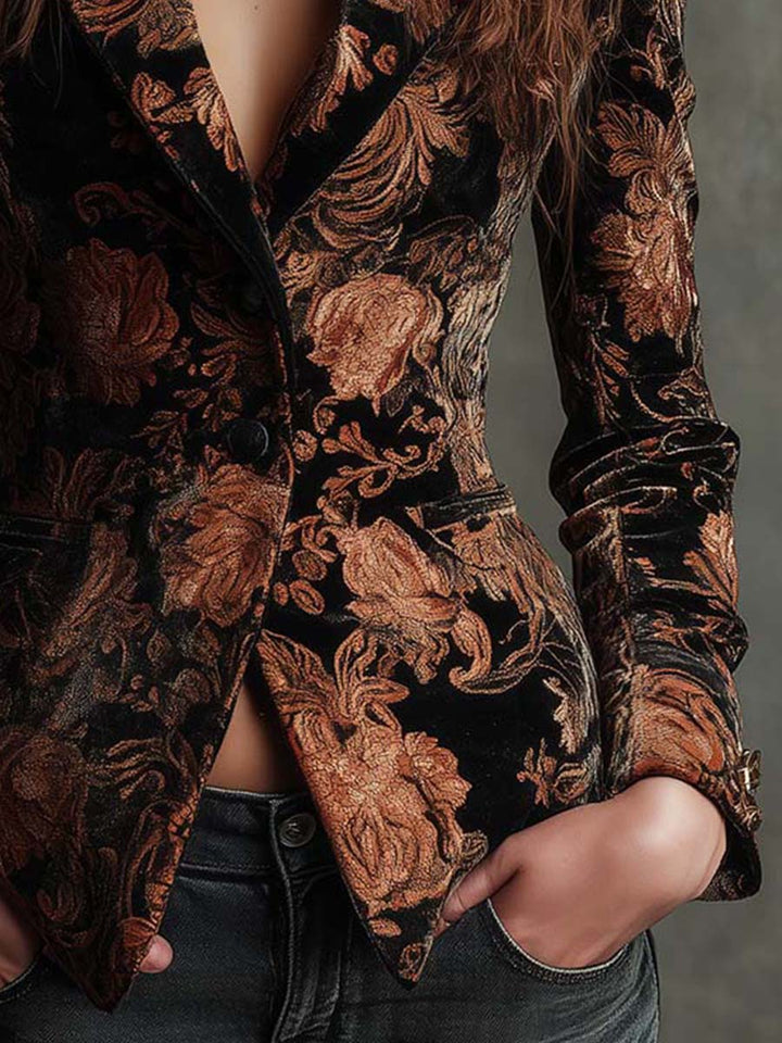 Bertille | Tailored Blazer with Floral Print in Black and Brown