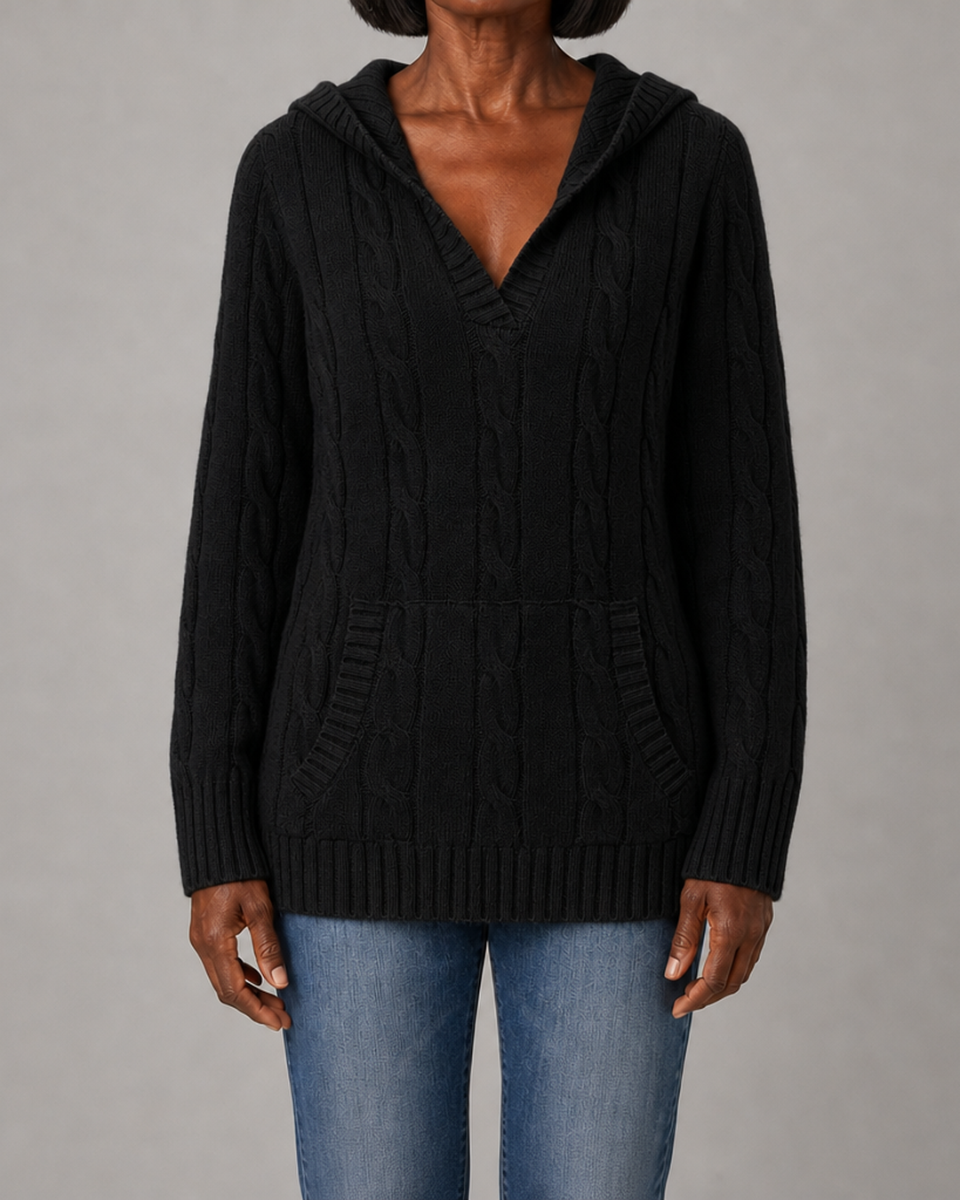 Beulah | Cable-Knit V-Neck Hooded Sweater