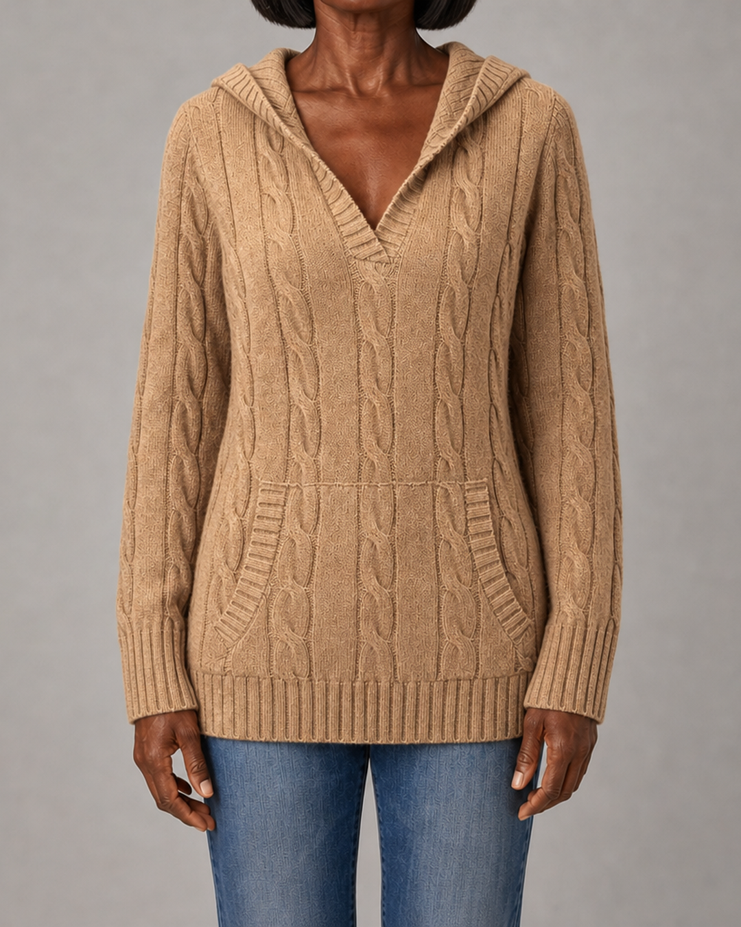 Beulah | Cable-Knit V-Neck Hooded Sweater