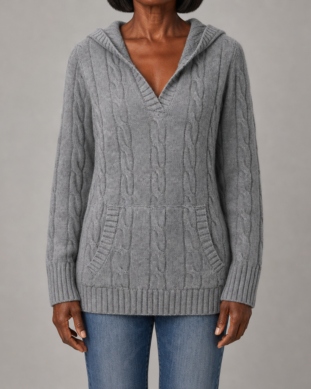 Beulah | Cable-Knit V-Neck Hooded Sweater