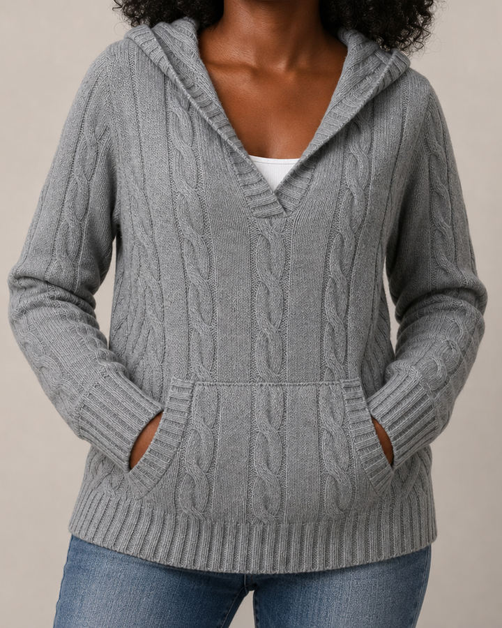 Beulah | Cable-Knit V-Neck Hooded Sweater