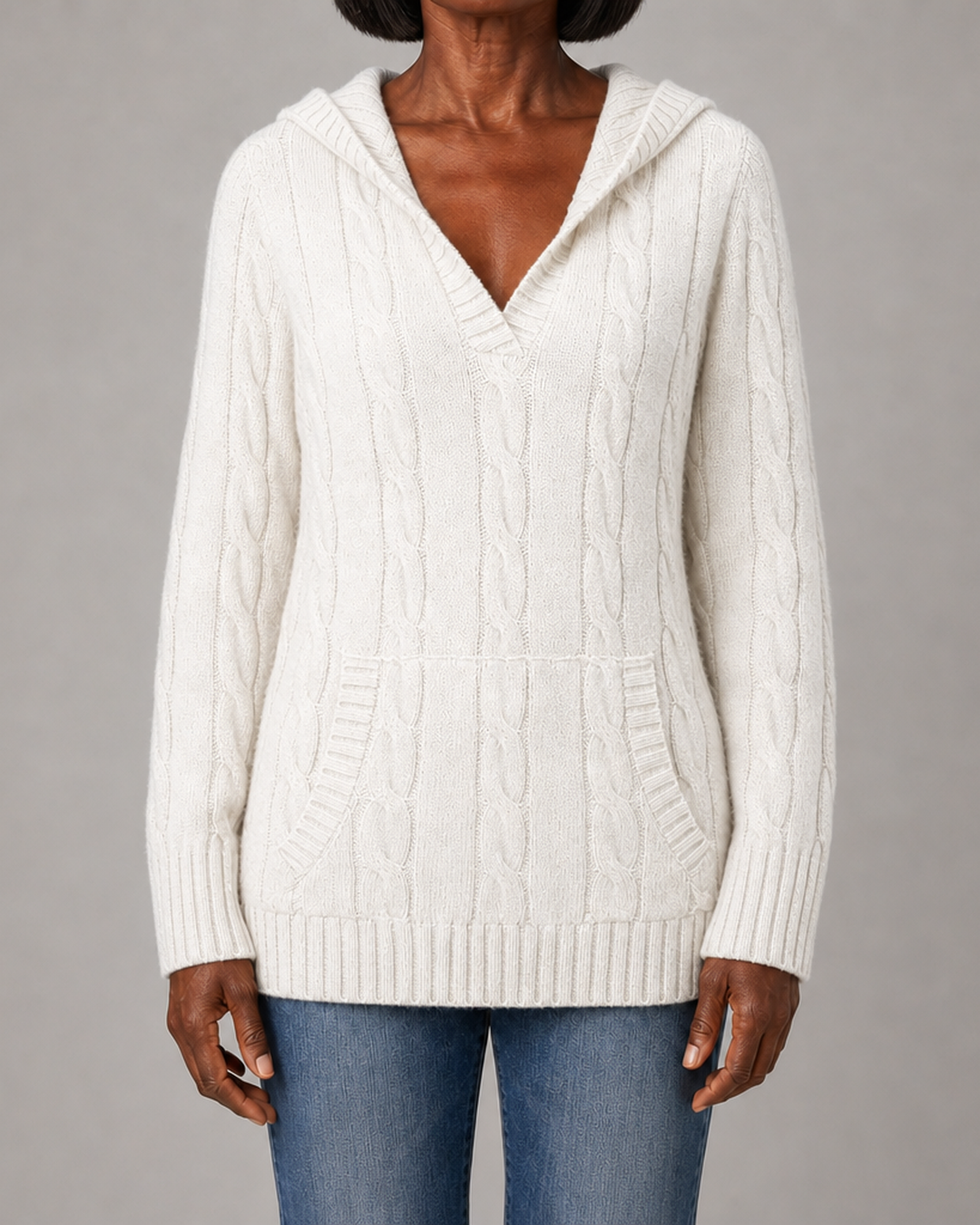 Beulah | Cable-Knit V-Neck Hooded Sweater