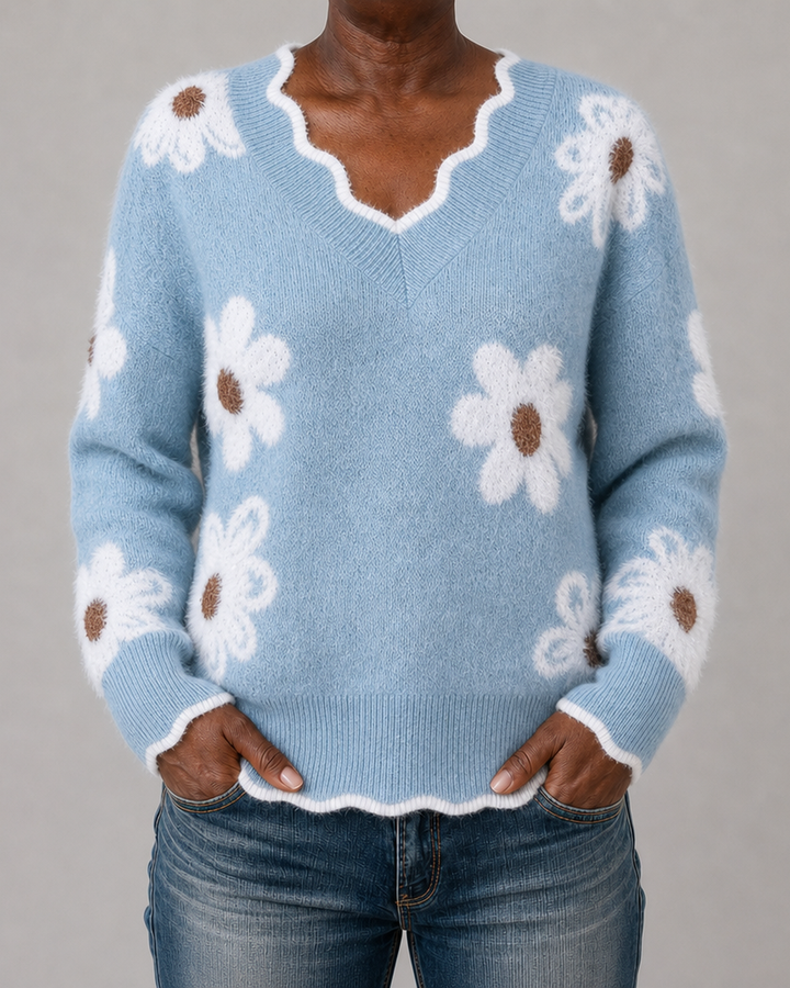 Cheryl | Floral Knit Scalloped V-Neck Sweater