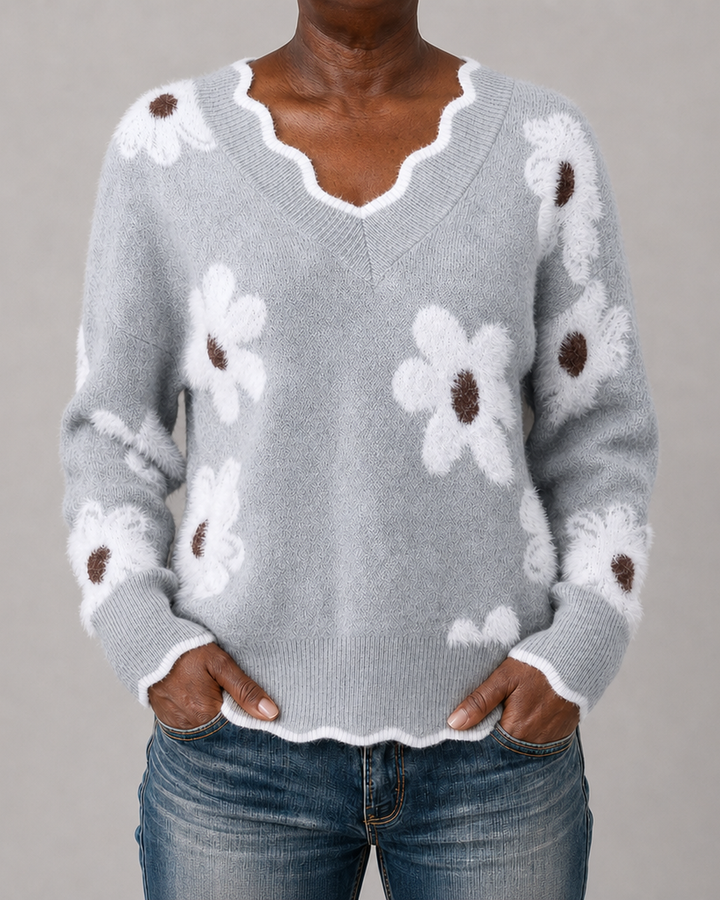 Cheryl | Floral Knit Scalloped V-Neck Sweater