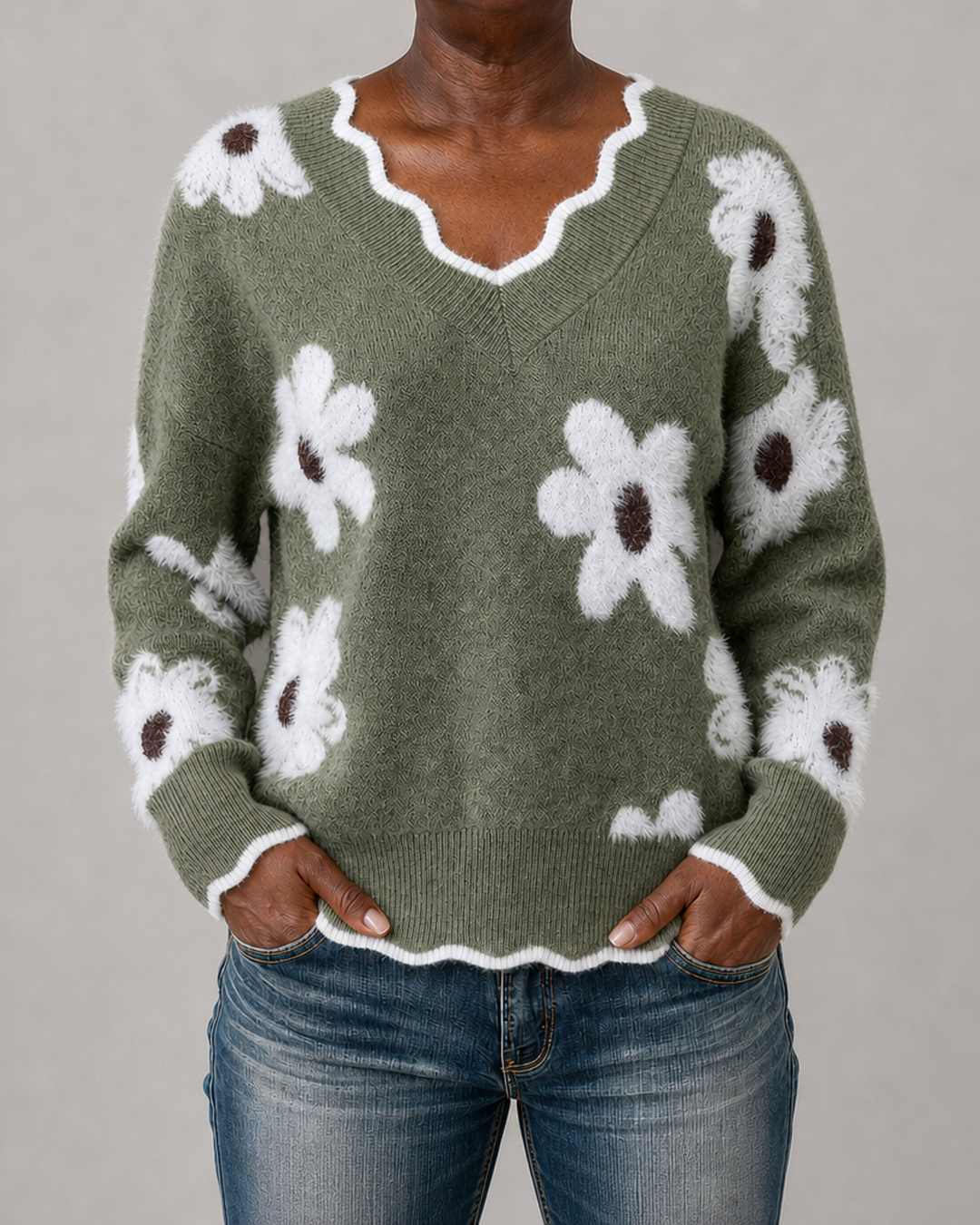Cheryl | Floral Knit Scalloped V-Neck Sweater
