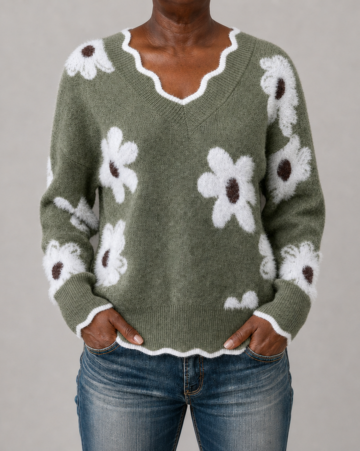 Cheryl | Floral Knit Scalloped V-Neck Sweater