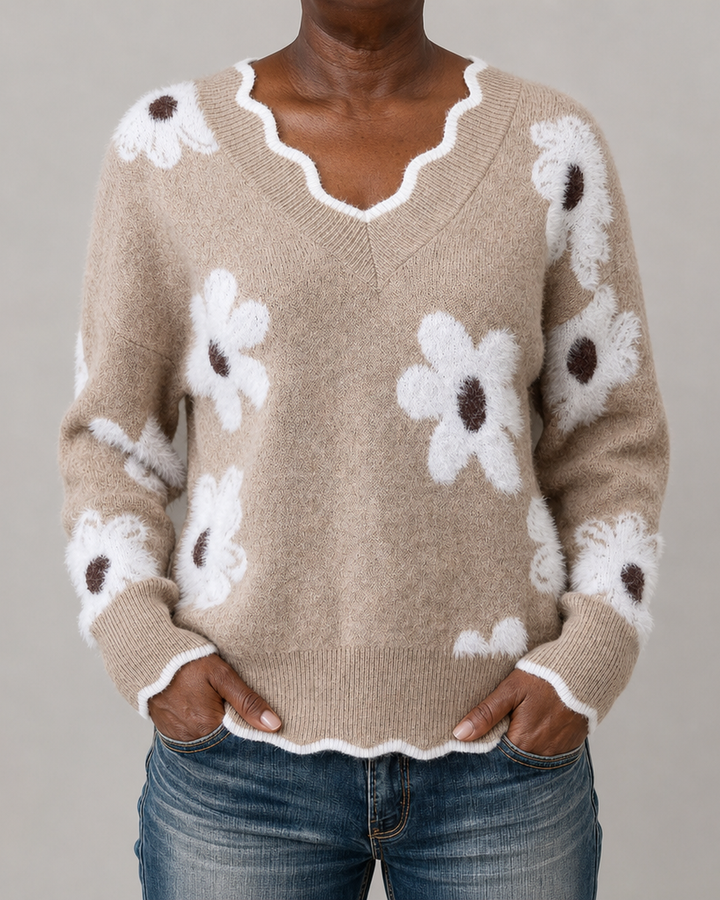 Cheryl | Floral Knit Scalloped V-Neck Sweater