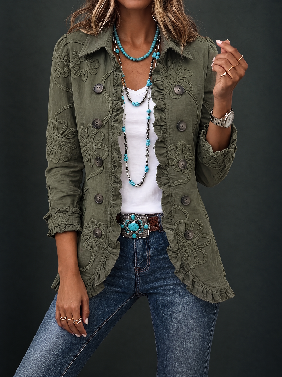 Faustine | Embroidered Bohemian Utility Coat with Flowers