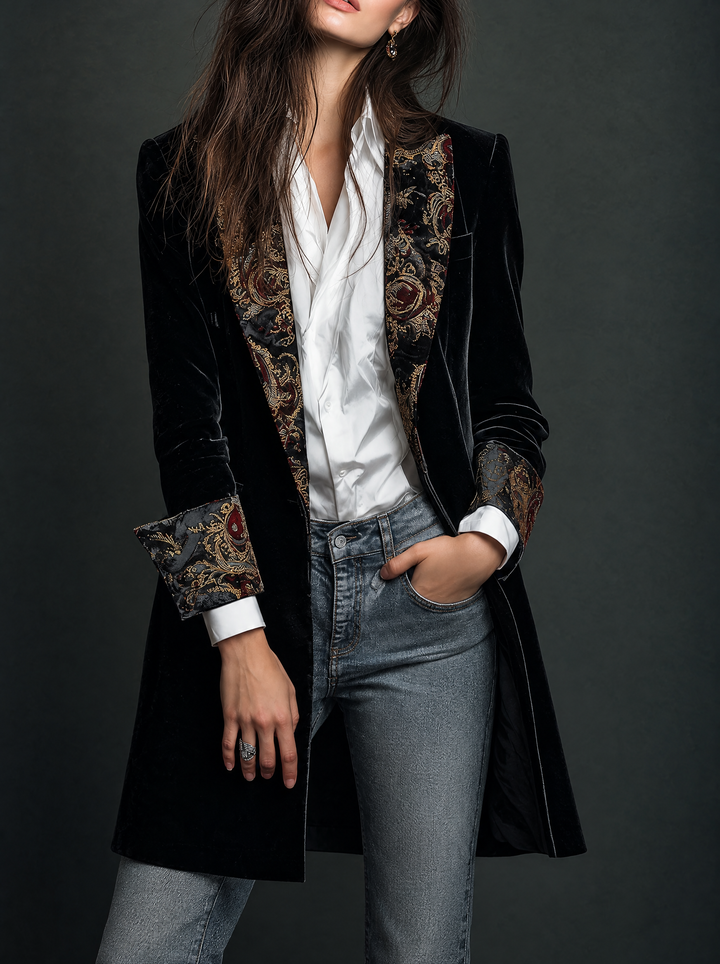 Léontine | Slim Fit Printed Baroque Black Blazer