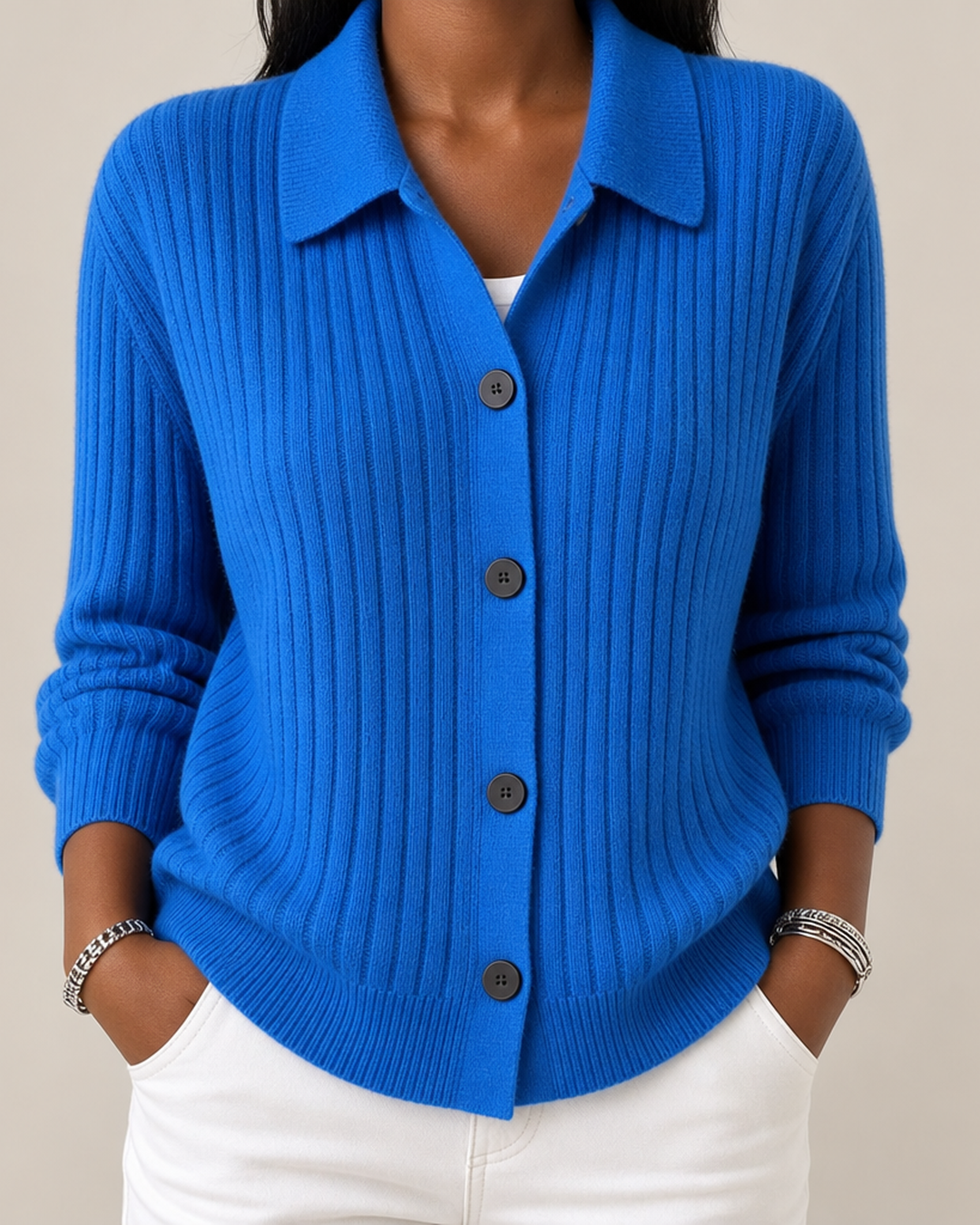 Annette | Ribbed Collared Button-Down Cardigan