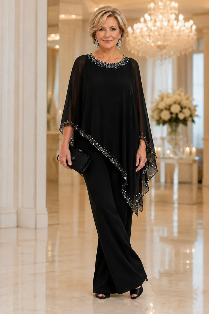 Beaded Chiffon Cape Formal Pant Suit with Wide Legs