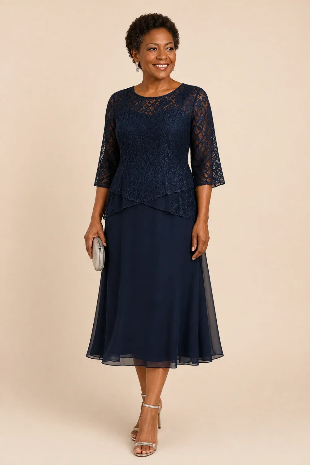Beaded Lace Asymmetric Tea-Length Chiffon Dress