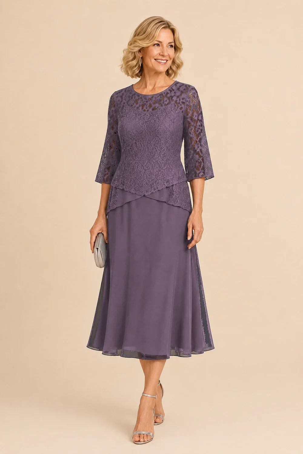 Beaded Lace Asymmetric Tea-Length Chiffon Dress