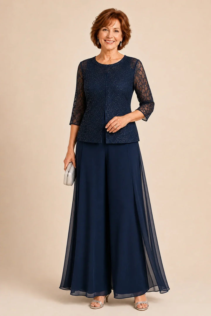 Beaded Lace Culotte Pant Suit with Chiffon Overlay