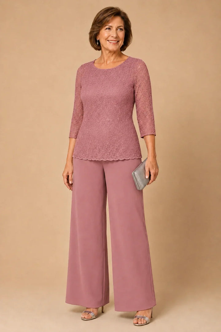 Beaded Lace Wide-Leg Pant Suit with 3/4 Sleeves