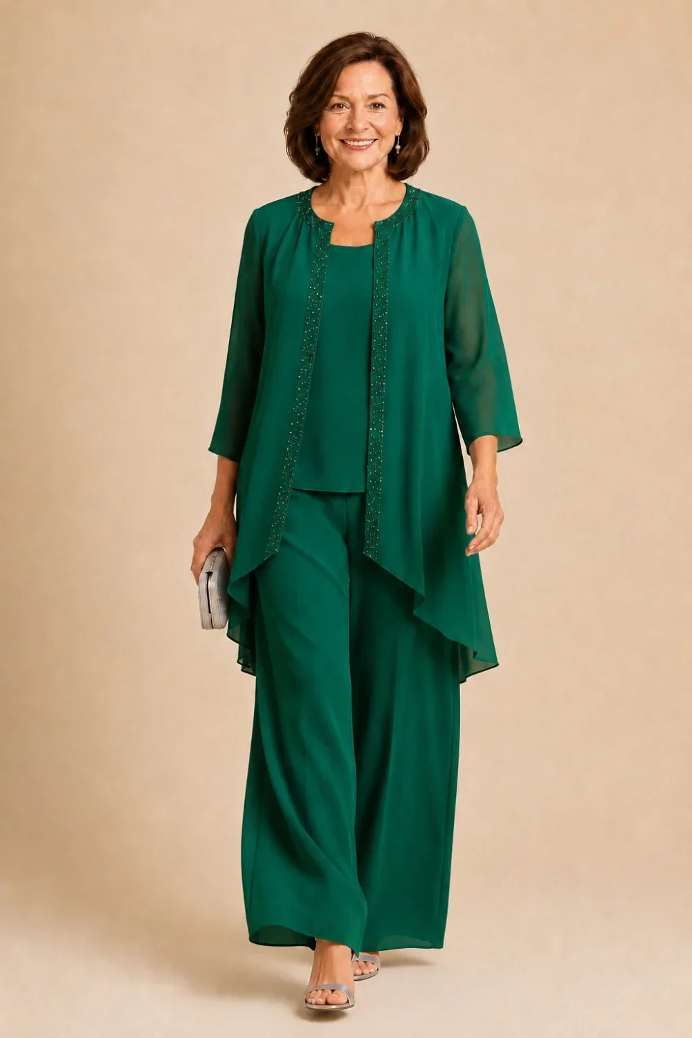 Beaded Three-Piece Chiffon Pant Suit with Draped Jacket