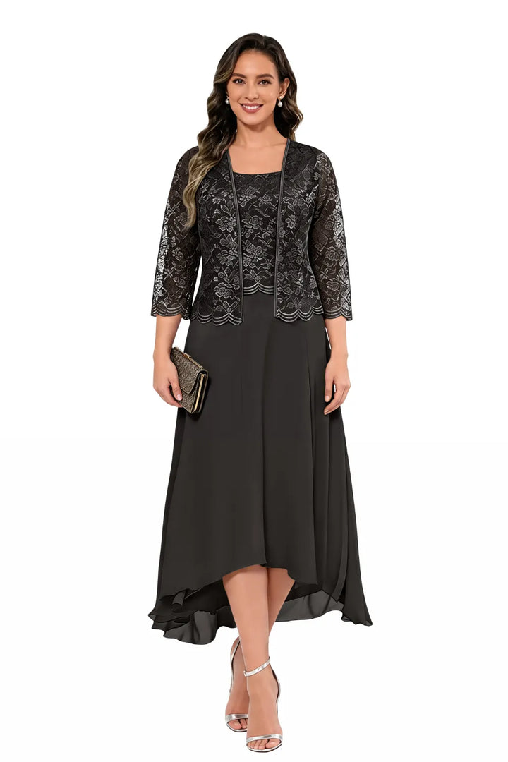 Elegant Lace Chiffon Midi Wedding Guest Dress with Jacket