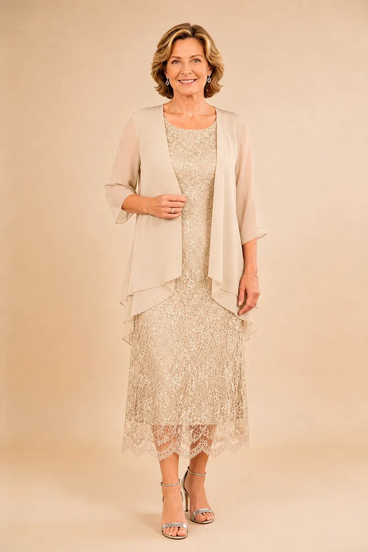 Refined Lace Midi Formal Dress with Sheer Chiffon Cover-Up