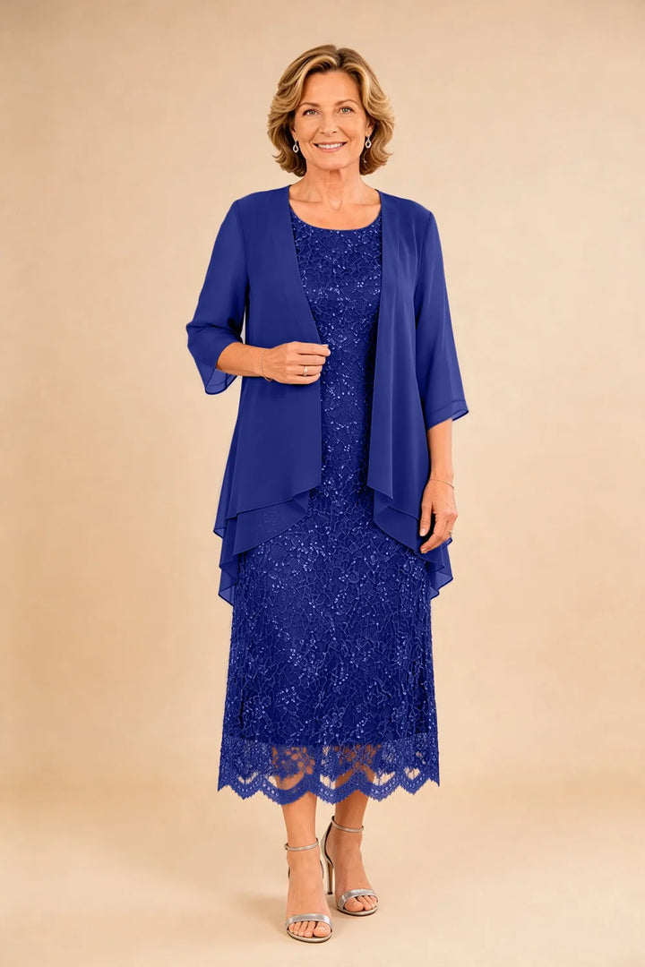 Refined Lace Midi Formal Dress with Sheer Chiffon Cover-Up