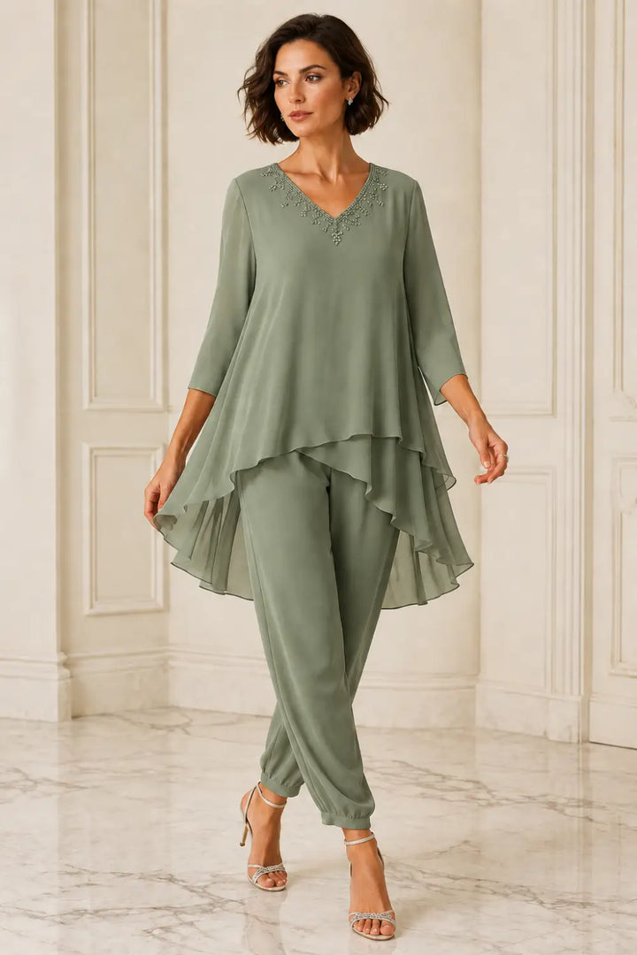 Ruffled Layered Chiffon Capelet Pant Suit