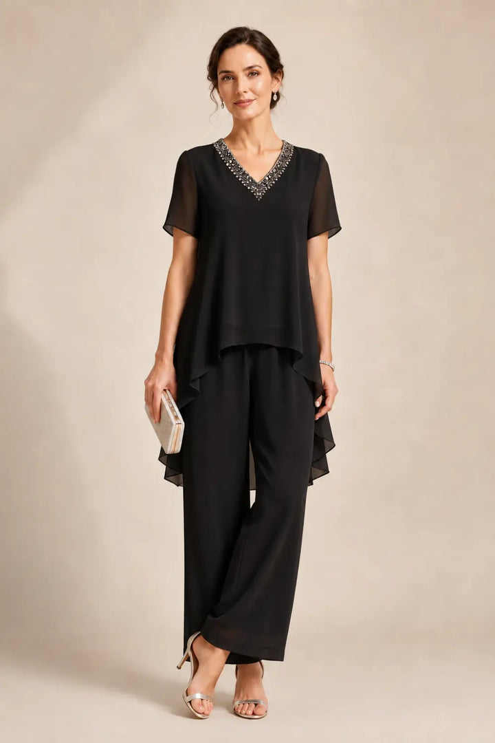 V-Neck Chiffon Asymmetric Capelet Pant Suit