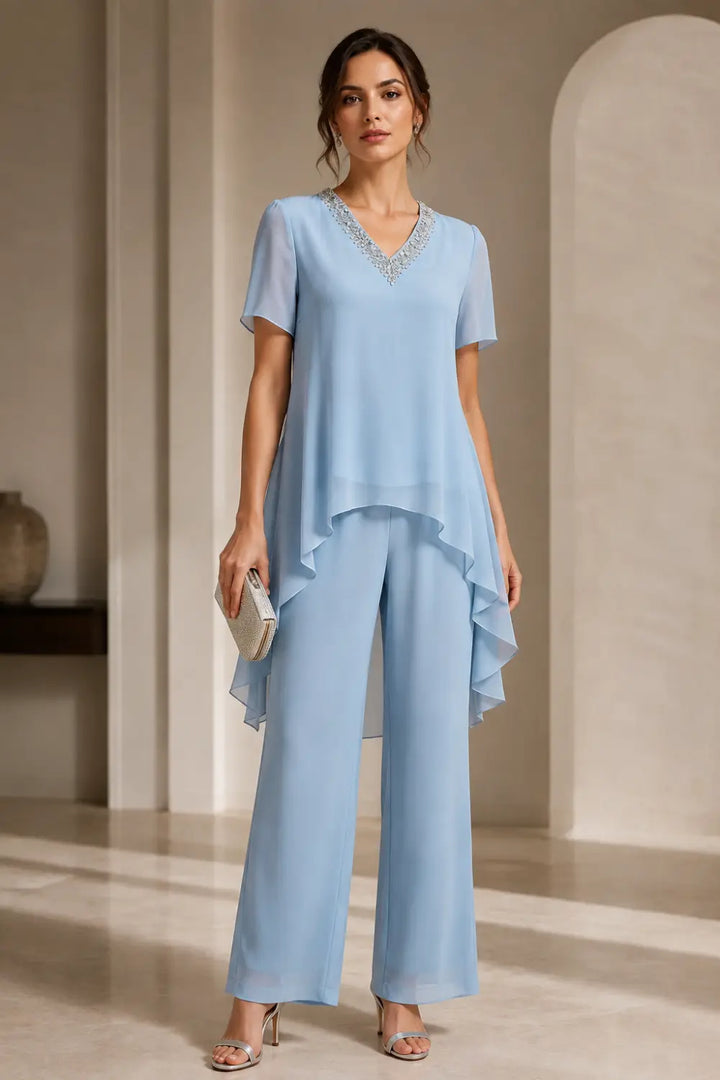 V-Neck Chiffon Asymmetric Capelet Pant Suit